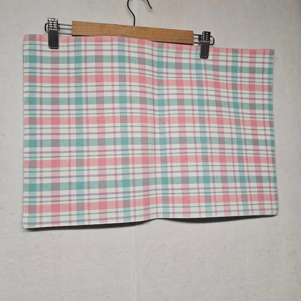 Vintage Easter Bunny Embroidered Placemats Set Mint Green Plaid Checked 2pc